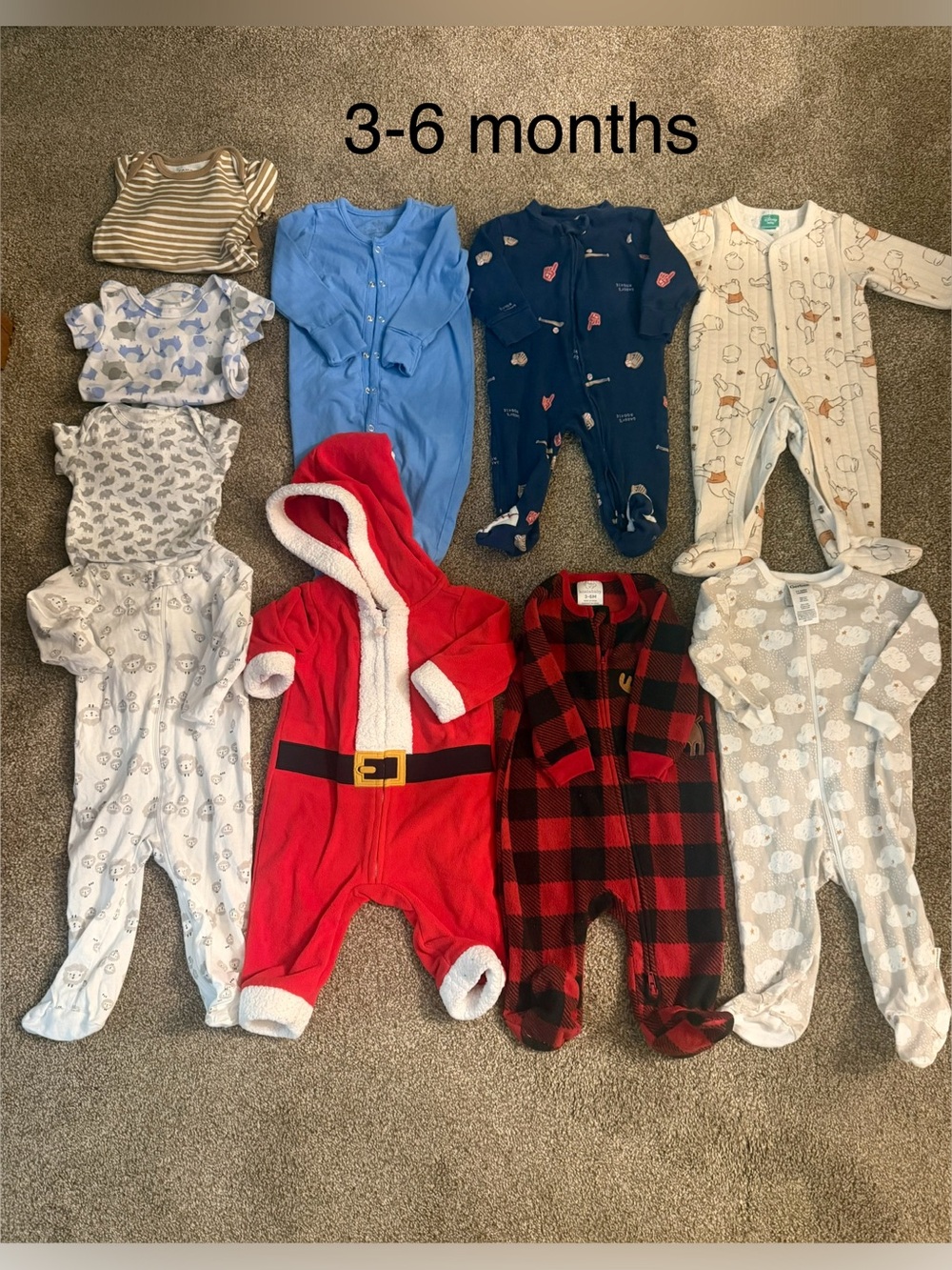 Assorted Baby One-Piece Sleepers - Red Santa & Neutral Prints - 3-6 Months
